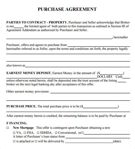 Free Purchase Agreement Template Printable Pdf Word