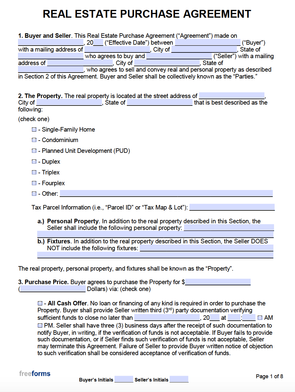 Free Real Estate Purchase Agreement Template Pdf Word