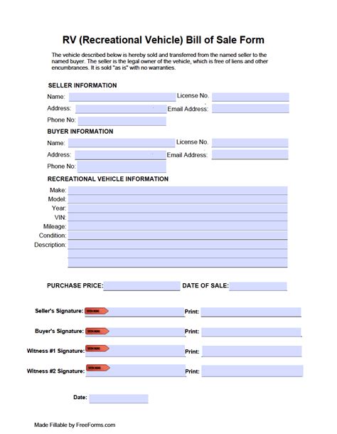 Free Recreational Vehicle Rv Bill Of Sale Forms Word Pdf Excel Tmp