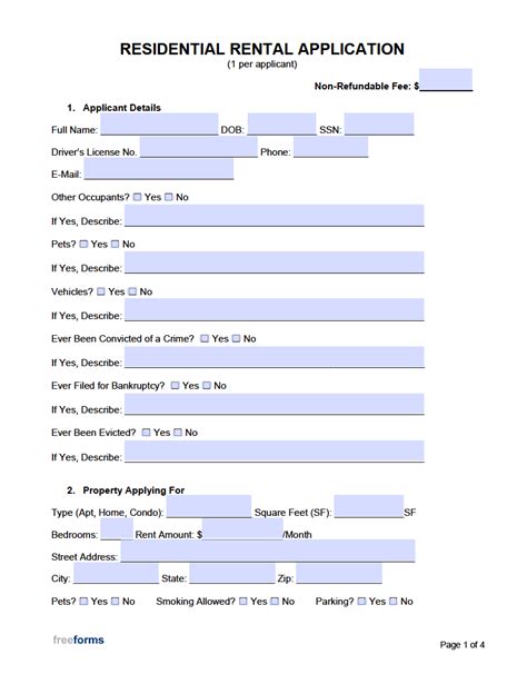 Free Rental Application Form Pdf Word Eforms