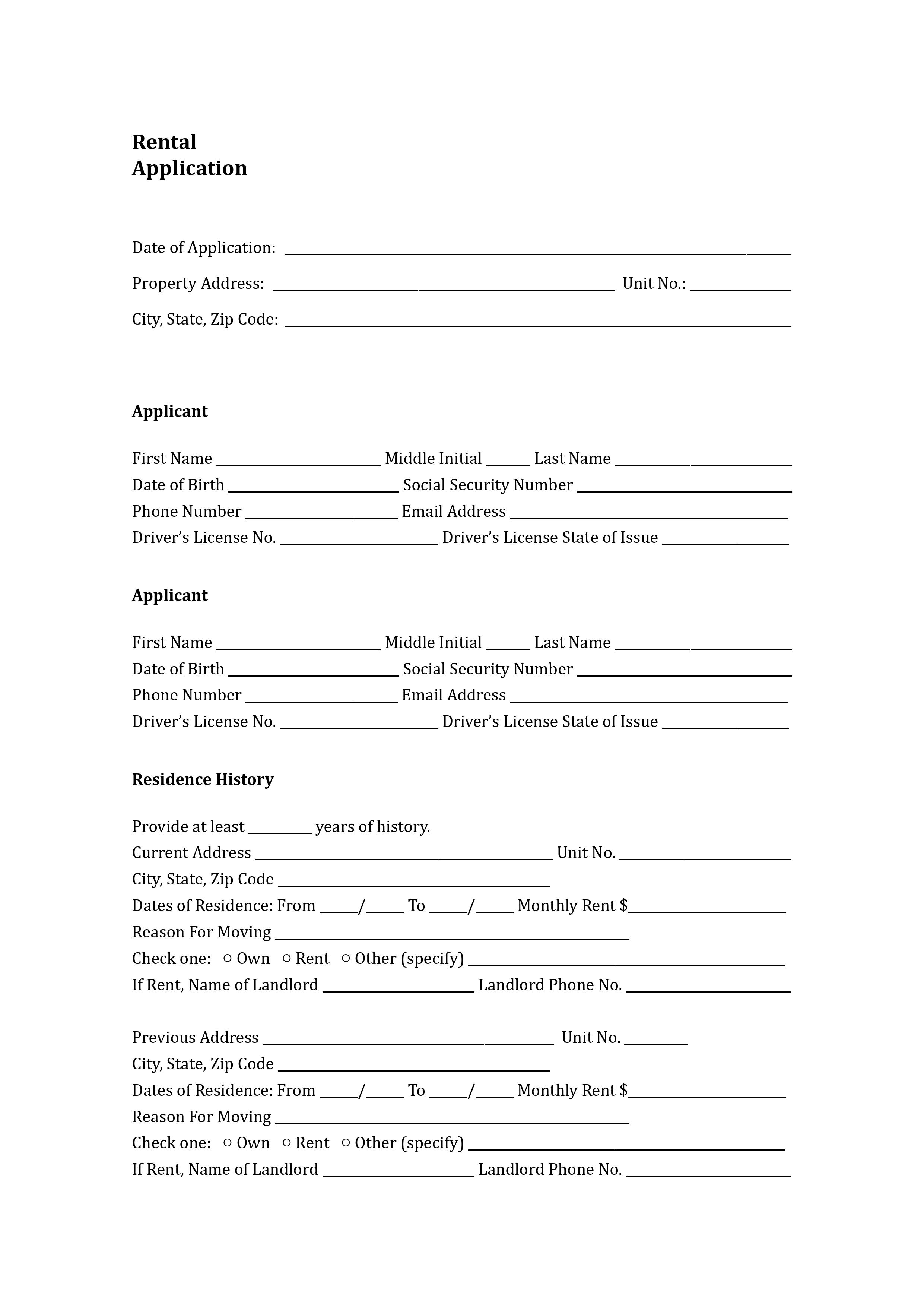 Free Rental Application Form Pdf Word