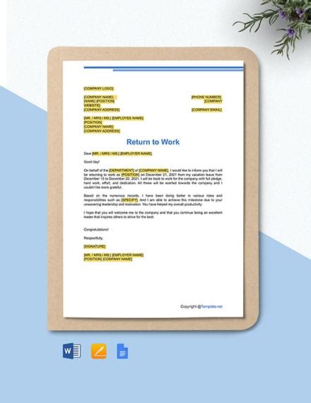 Free Return To Work Letter Template Google Docs Word Apple Pages