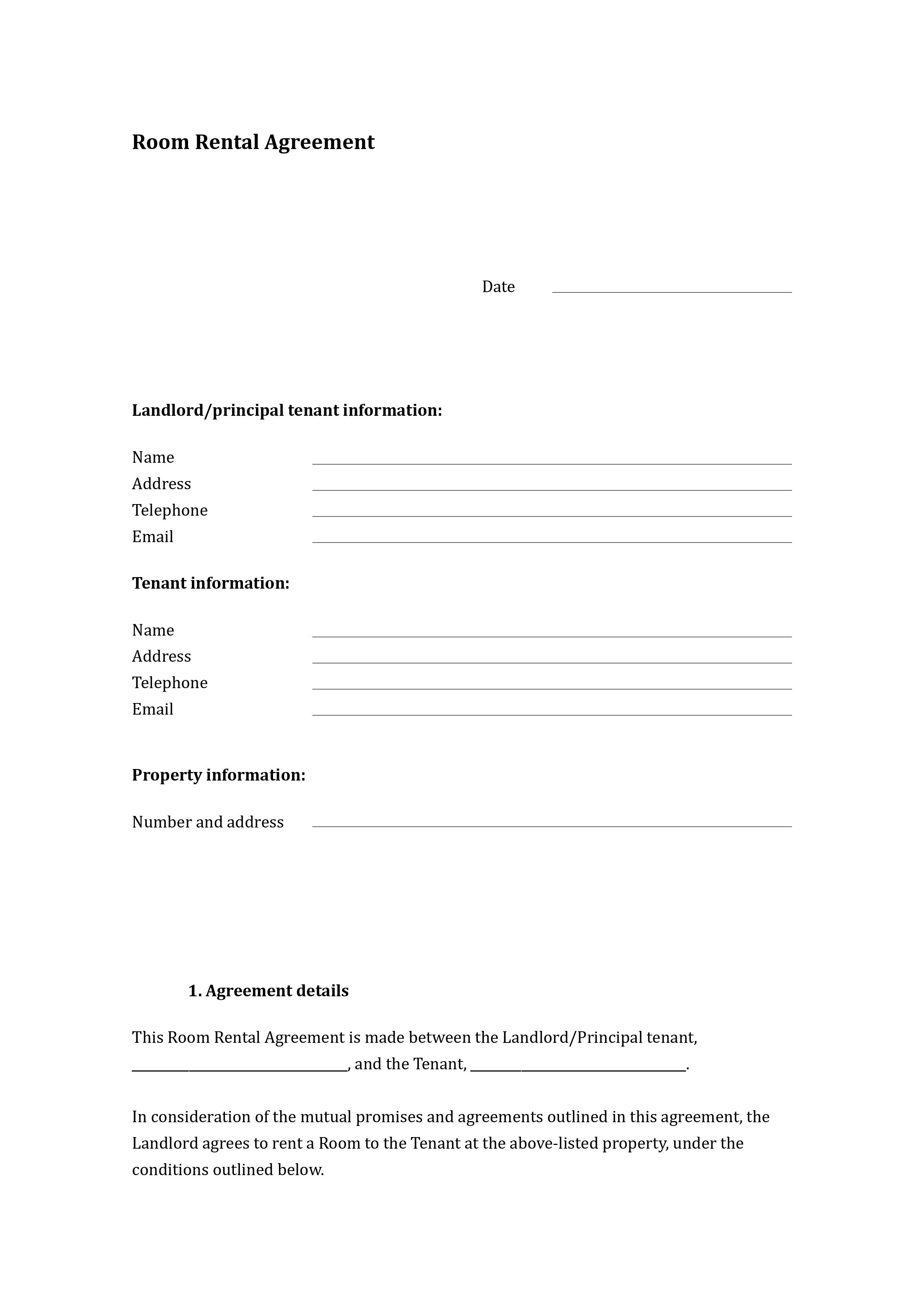 Free Room Rental Agreement Form Legal Templates