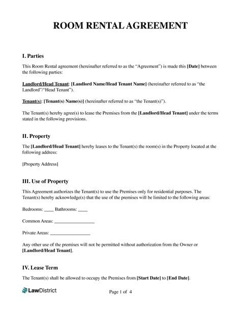 Free Room Rental Agreement Pdf Template Word Lawdistrict