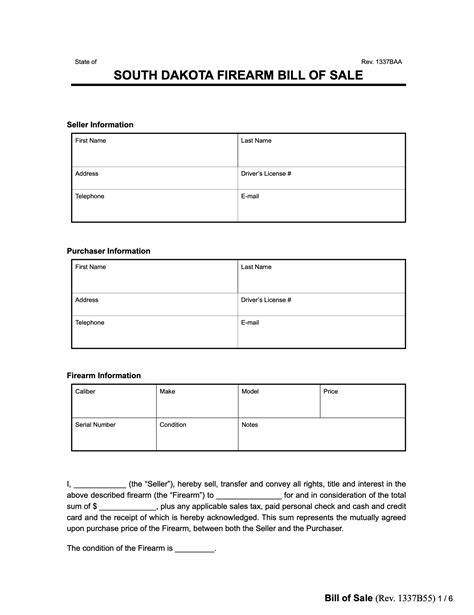 Free South Dakota Firearm Bill Of Sale Form Pdf Word