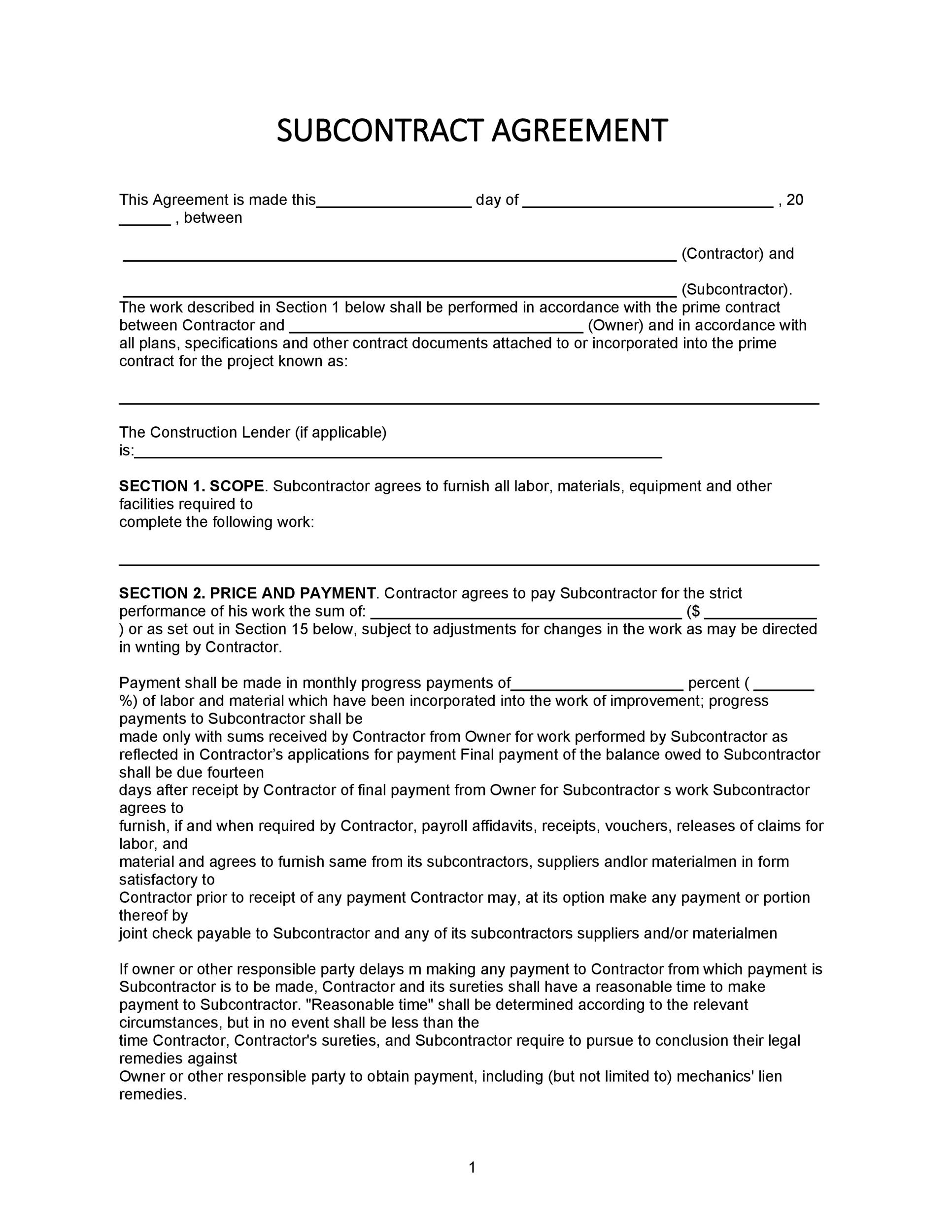 Free Subcontrator Agreement Template For Download