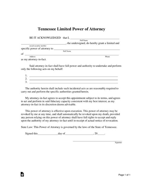 Free Tennessee Limited Power Of Attorney Form Pdf Word Eforms