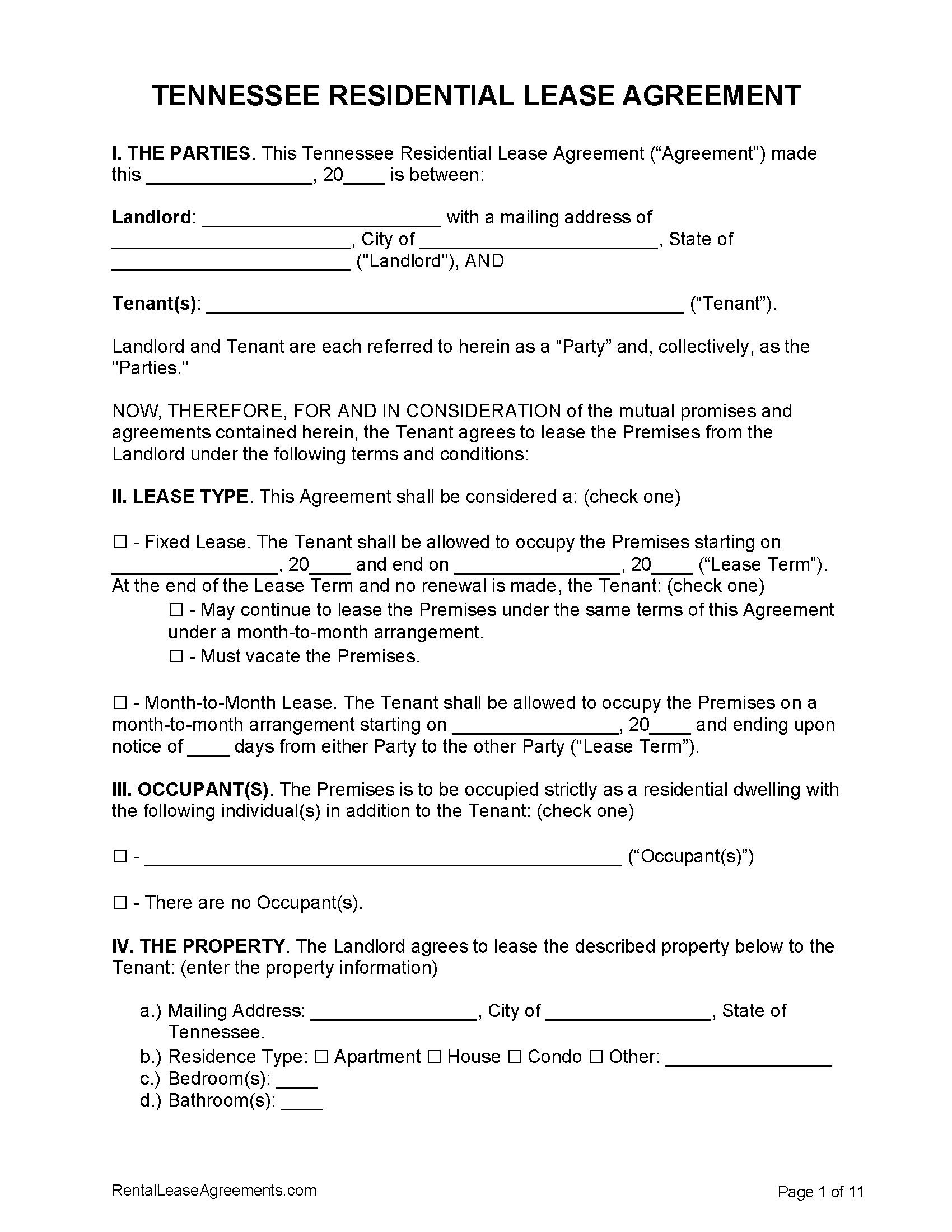 Free Tennessee Standard Residential Lease Agreement Template Pdf Word