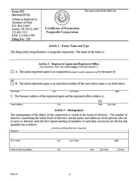 Free Texas Certificate Of Formation Nonprofit Corporation Form 202