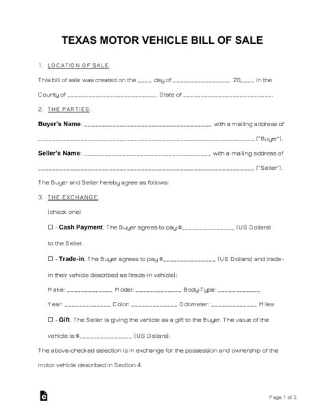 Free Texas Dmv Bill Of Sale Form For Motor Vehicle Trailer Or Boat