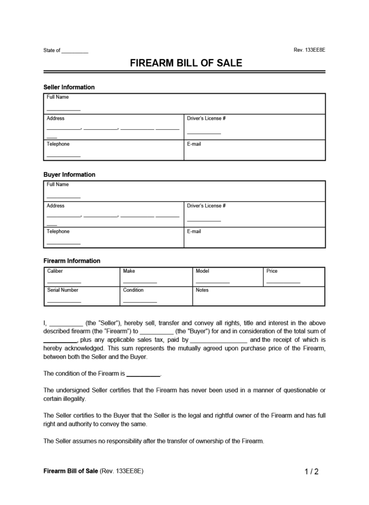 Free Texas Firearm Bill Of Sale Form Pdf Word