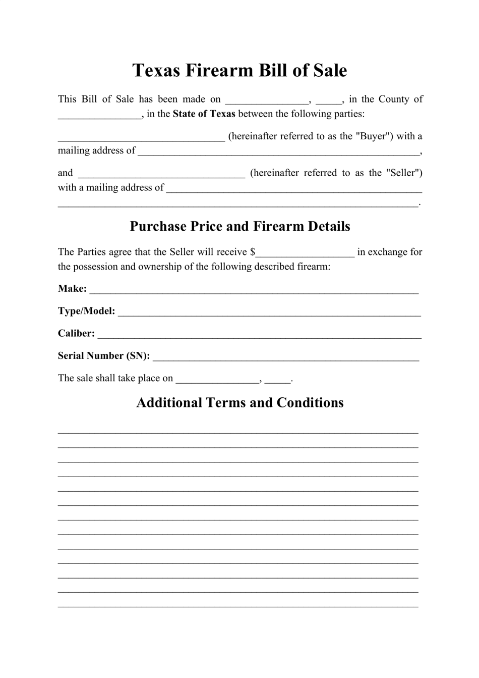 Free Texas Firearm Bill Of Sale Template Pdf Eforms