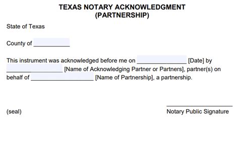 Free Texas Notary Acknowledgement Partnership Pdf Word