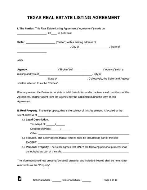 Free Texas Real Estate Listing Agreement Pdf Word