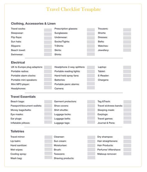 Free Travel Checklist Template In Pdf Word Excel Google Docs