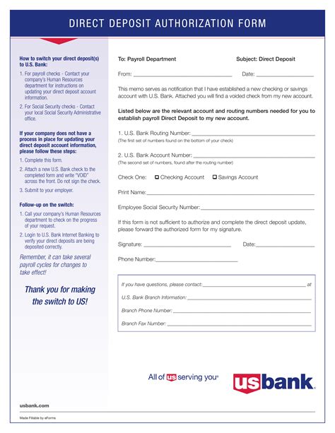 Free U S Bank Direct Deposit Authorization Form Pdf Eforms