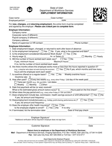 Free Utah Employment Information Form Instructions Printfriendly