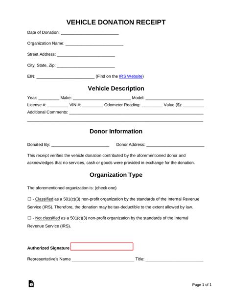 Free Vehicle Donation Receipt Template Sample Pdf Word Eforms