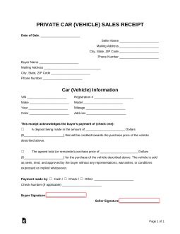 Free Vehicle Private Sale Receipt Template Pdf Word Eforms