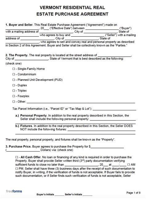 Free Vermont Real Estate Purchase Agreement Template Pdf Word