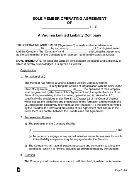 Free Virginia Single Member Llc Operating Agreement Pdf Word Eforms