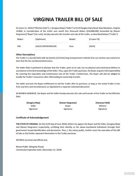 Free Virginia Trailer Bill Of Sale Template Pdf Amp Word Legal Templates