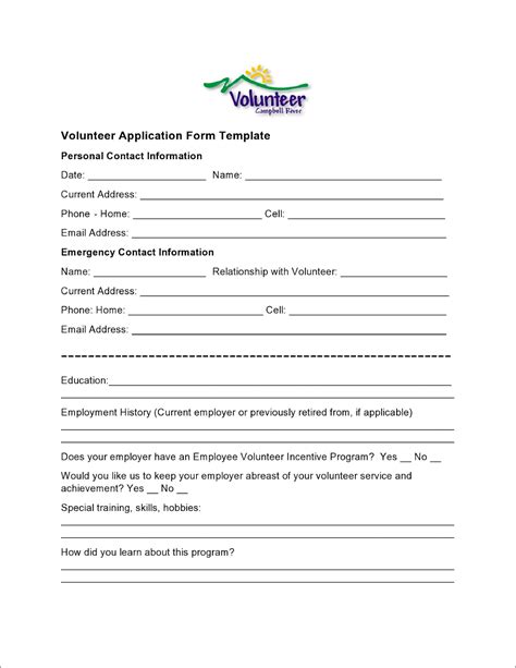 Free Volunteer Application Forms Templates Word Pdf