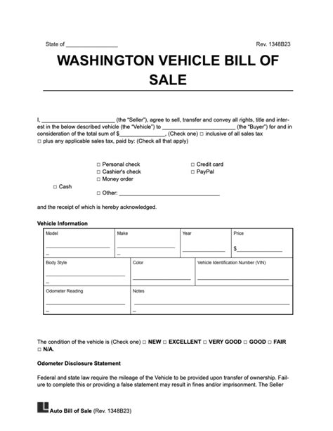 Free Washington Bill Of Sale Templates Printable Pdf Word