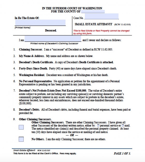 Free Washington Small Estate Affidavit Form Pdf