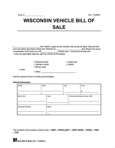 Free Wisconsin Dmv Bill Of Sale Form For Motor Vehicle Trailer Or Boat Pdf