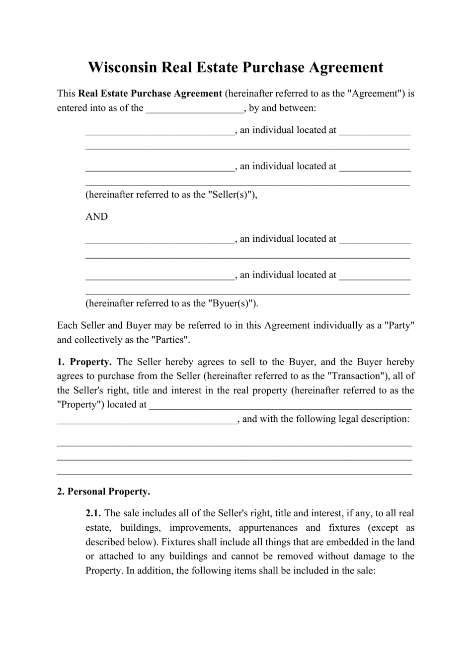 Free Wisconsin Real Estate Purchase Agreement Template Pdf Word