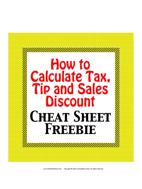 Freebie How To Calculate Tax Tip And Sales Discount Cheat Sheet