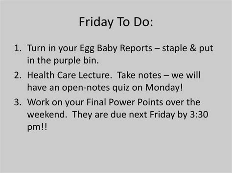 Friday To Do Turn In Your Egg Baby Reports Staple Amp Put In The Purple Bin Health Care