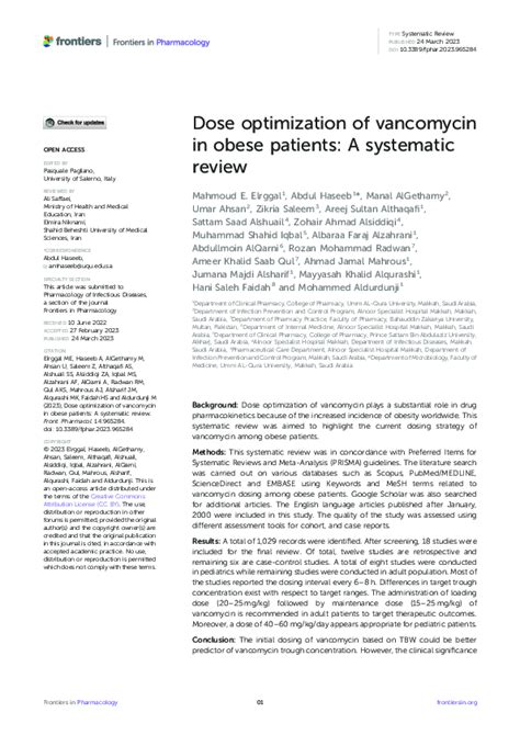 Frontiers Dose Optimization Of Vancomycin In Obese Patients A