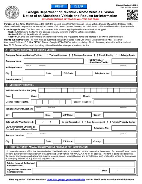 Ga Dmv Form Mv 603 Notice Of An Abandoned Vehicle And Request For