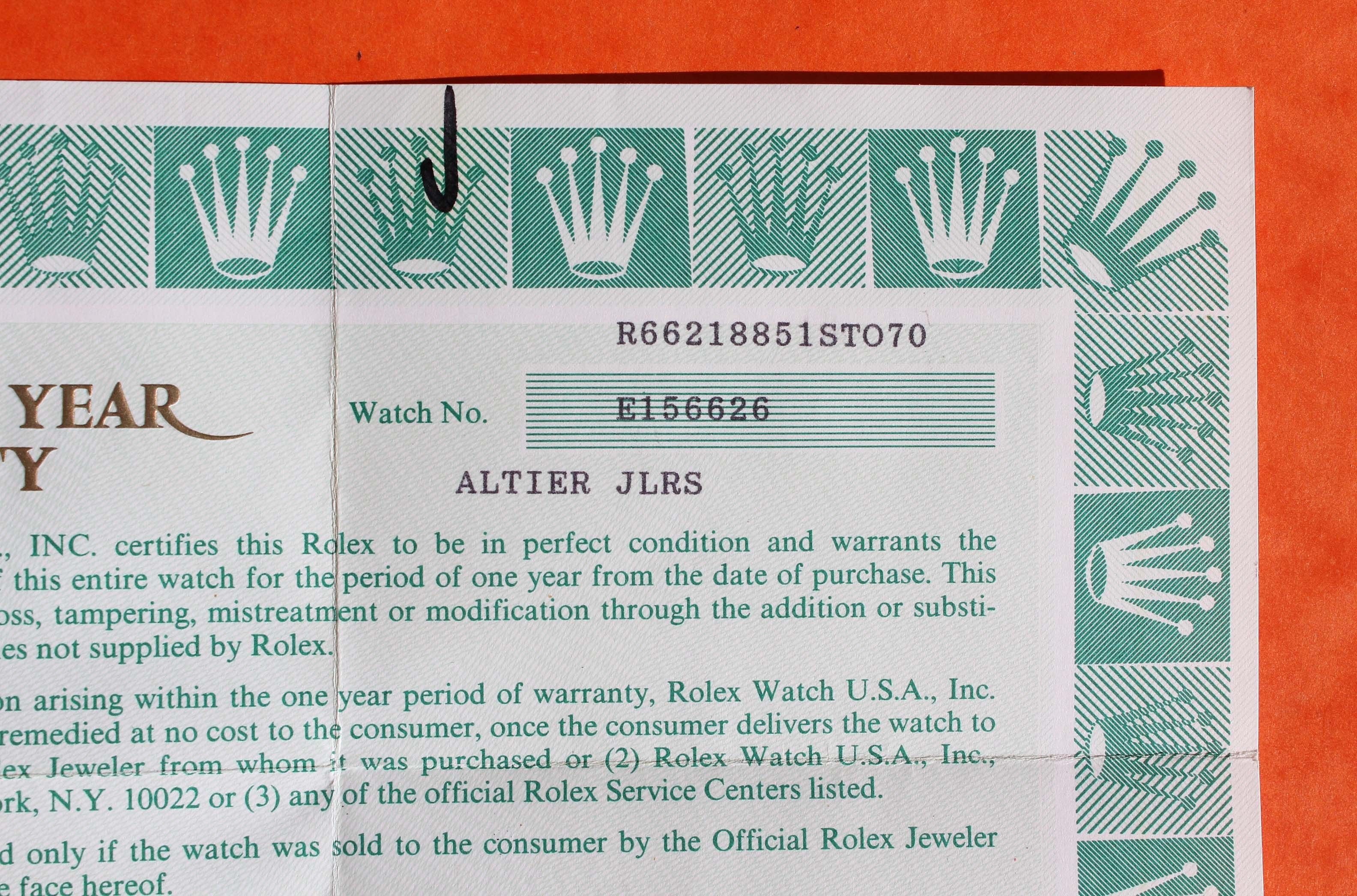 Genuine 1995 Rolex Vintage Paper Registered Certificate Oyster