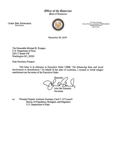 Gov John Bel Edwards Letter To U S Secretary Of State Mike Pompeo Theadvocate Com