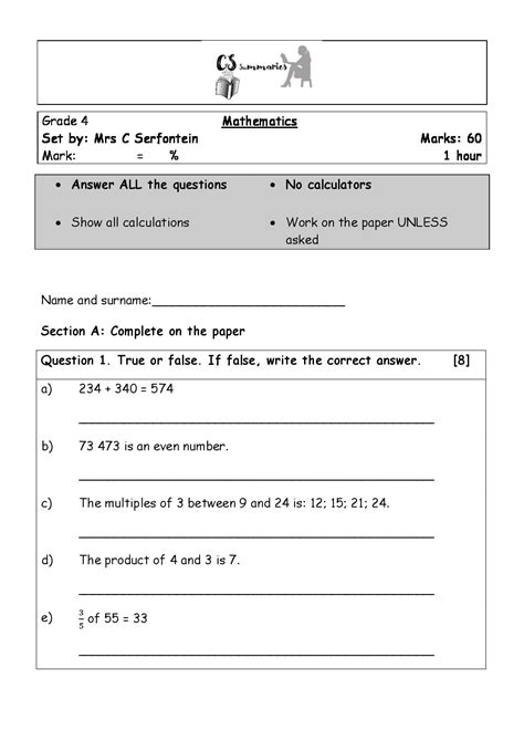 Grade 4 Mathematics Term Test Term 2 Memorandum Included Teacha