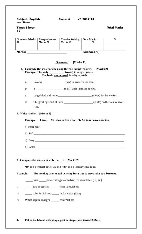 Grades 1 2 3 4 And 5 English Term Exam Papers 3 Parts Marks 50 Teaching Resources