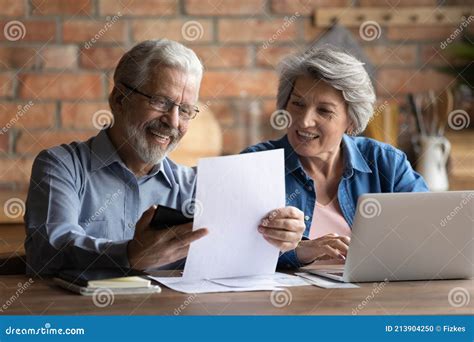 Happy Retired Couple Do Paperwork At Home Office At Kitchen Stock Photography Cartoondealer