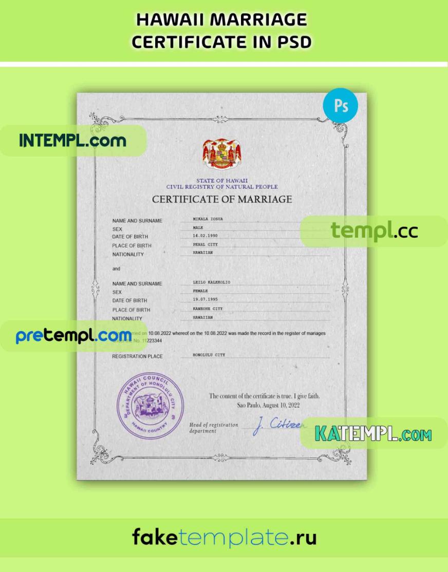 Hawaii Marriage Certificate Psd Download Template