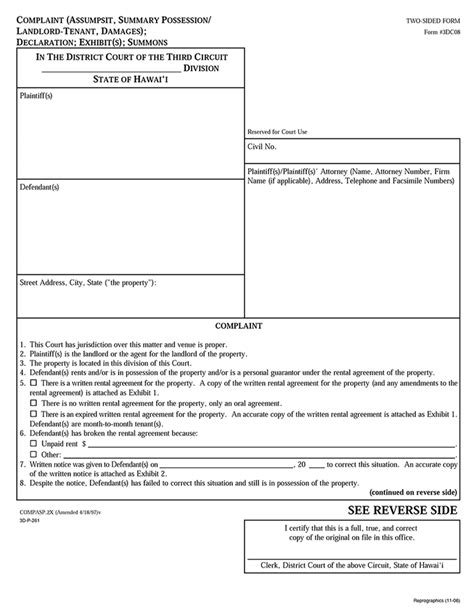 Hawaii Official Landlord Tenant Complaint 3Rd Circuit Court Ezlandlordforms