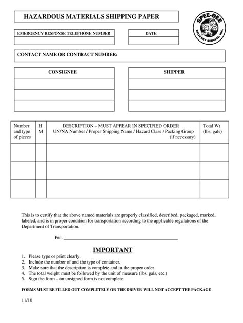 Hazmat Shipping Paper Example Fill Online Printable Fillable Blank