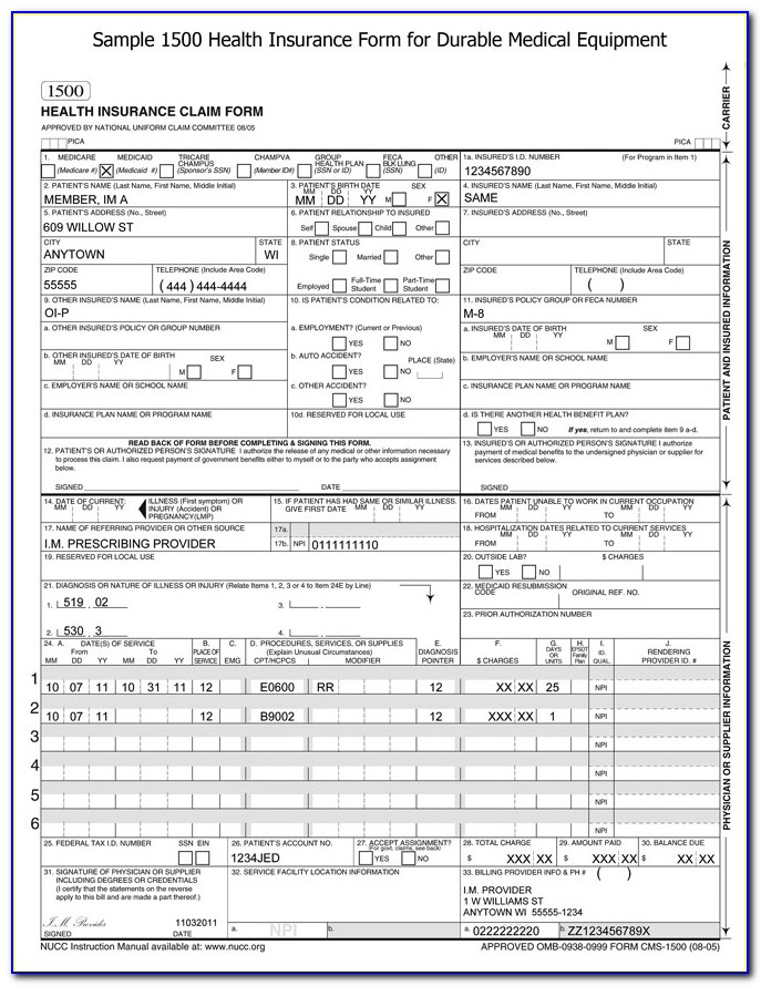 Hcfa Forms Cms 1500 Medical Forms Health Insurance Claim Forms