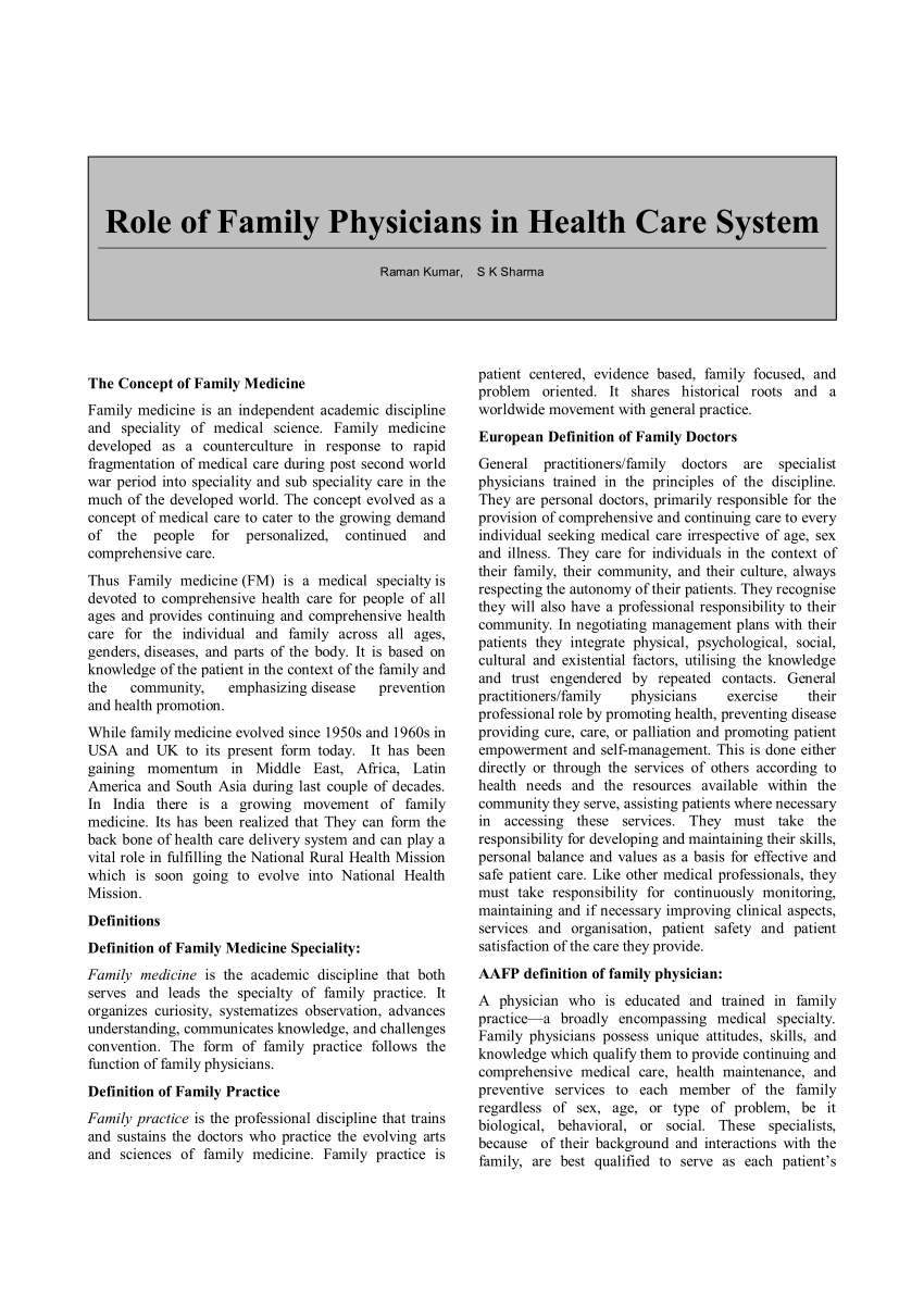 Healthcare Free Full Text The Role Of Family Physicians In A