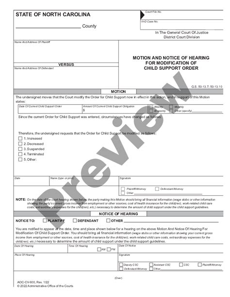 High Point North Carolina Motion And Notice Of Hearing For Modification Of Child Support Order