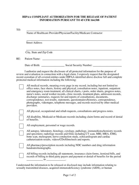 Hipaa Compliant Authorization Form For The Release Of Patient Printable