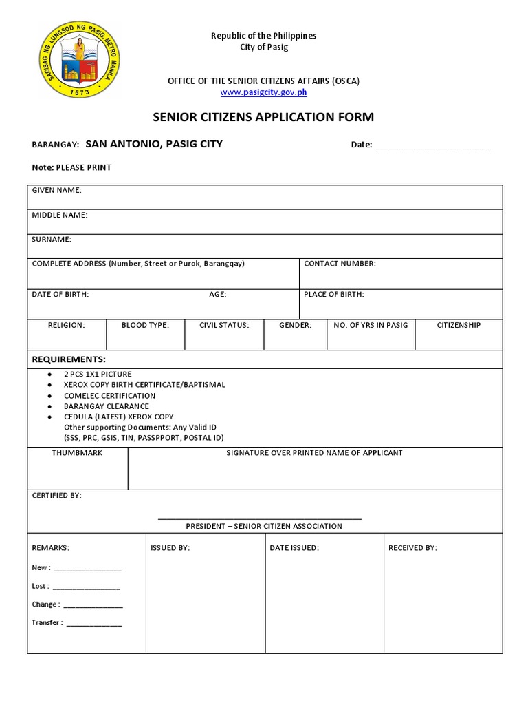 Honored Citizen Application Form Printable Pdf Download