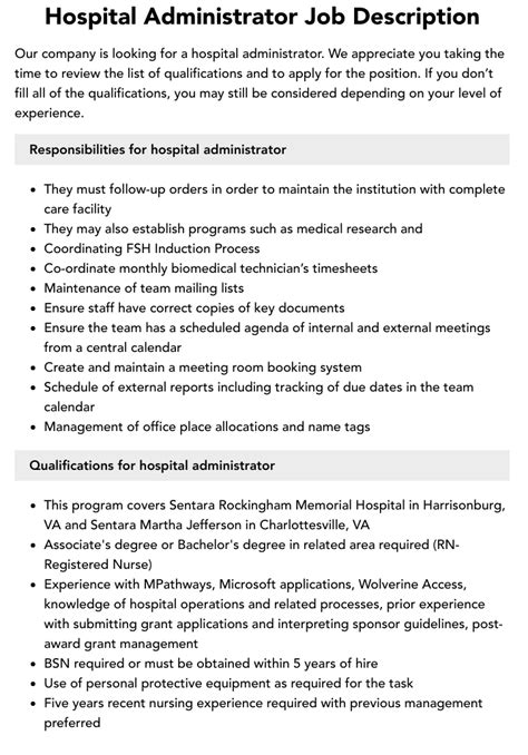 Hospital Administrator Job Description Velvet Jobs