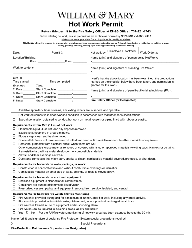 Hot Work Permit Fillable Fill Online Printable Fillable Blank